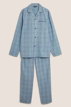 Marks & Spencer, Pijama din bumbac cu model in carouri, Albastru deschis, S Marks & Spencer, Pijama din bumbac cu model in carouri, Albastru deschis, S