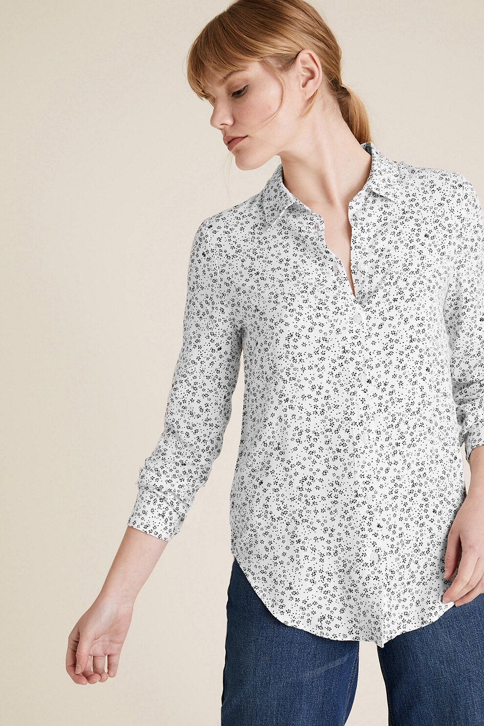 Marks & Spencer, Camasa cu guler clasic si imprimeu floral, Alb/Negru