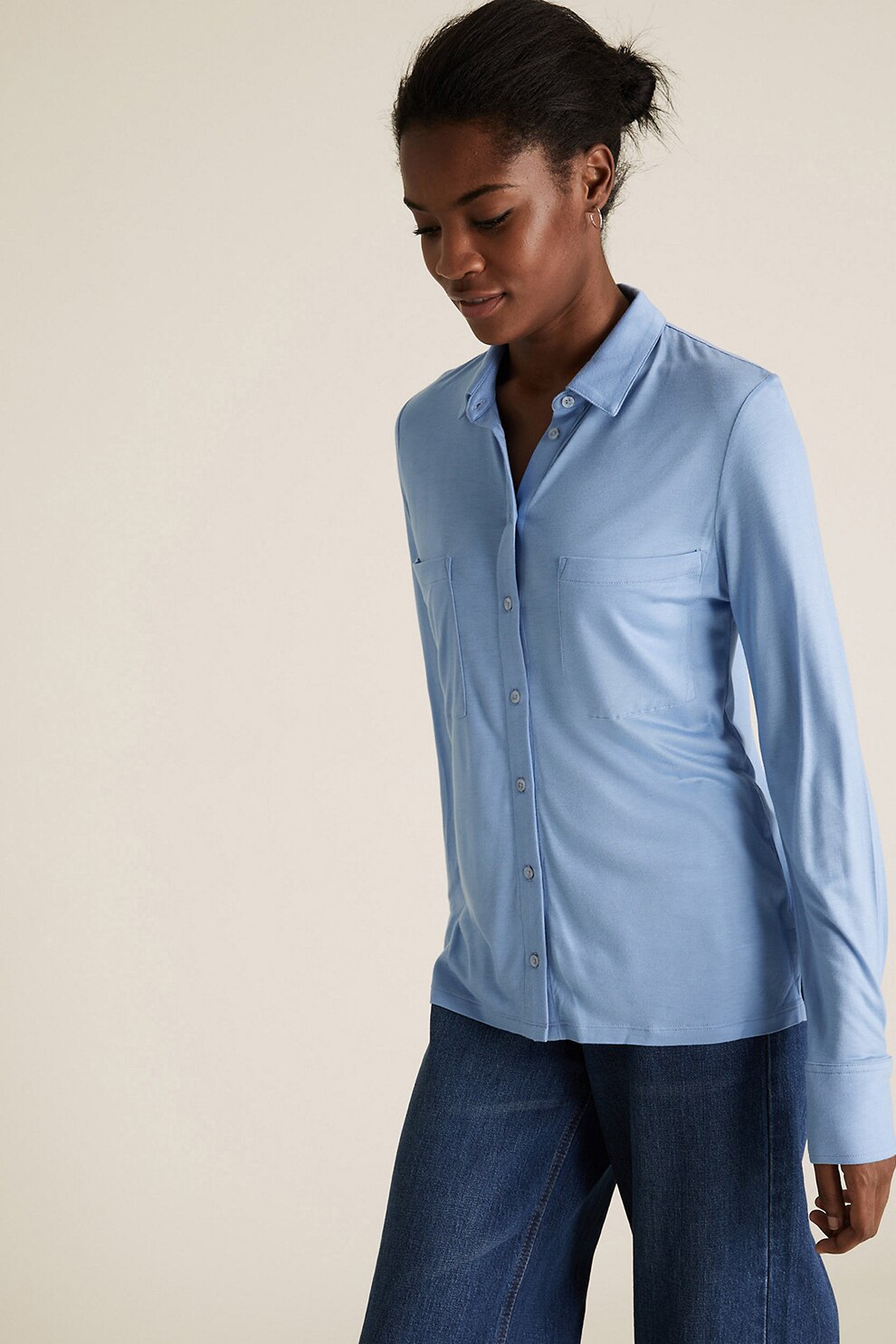 Marks & Spencer, Camasa din jerseu cu buzunare pe piept, Albastru deschis