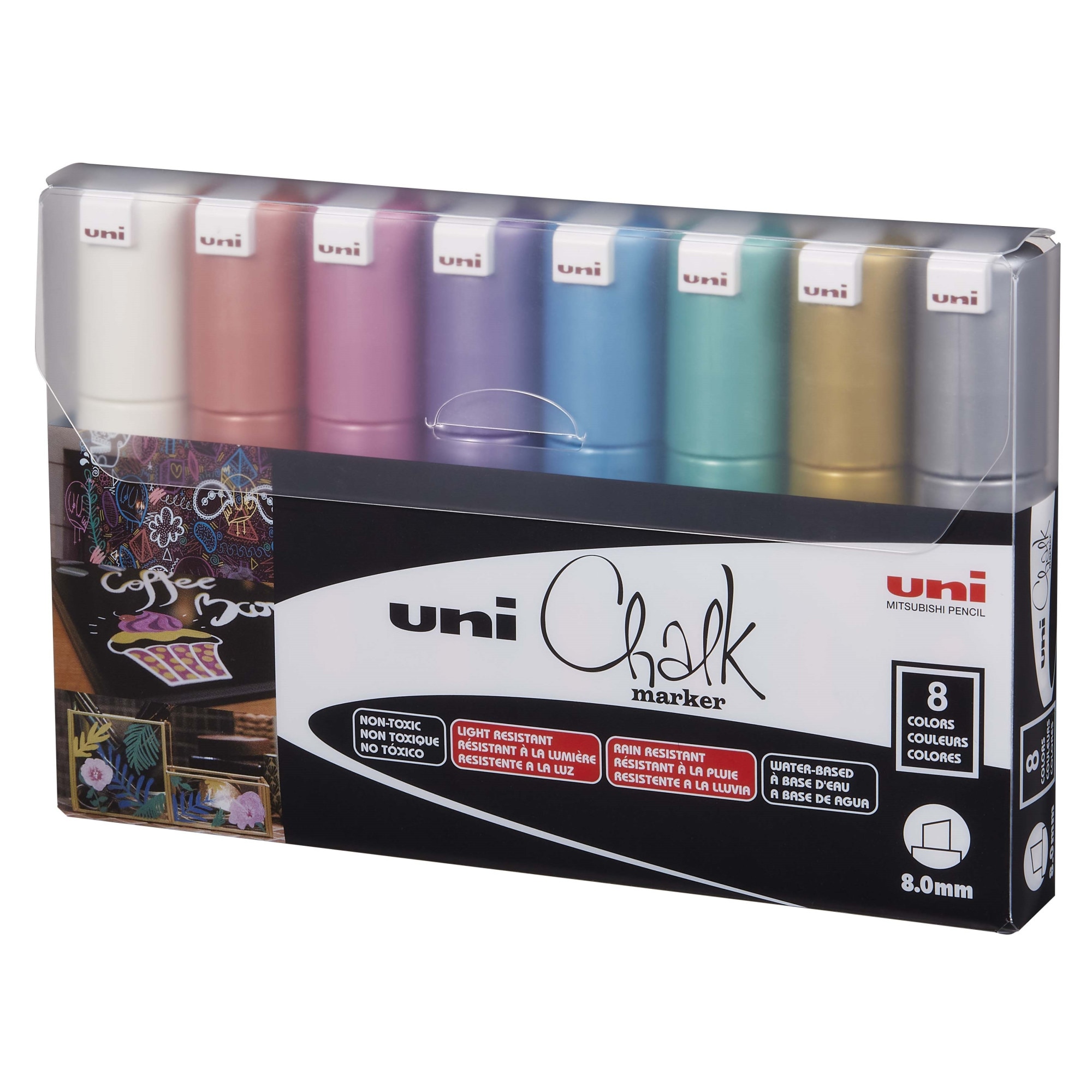 Set Carioci Uni, Chalk marker 8M, Culori Metalice, 8 bucati