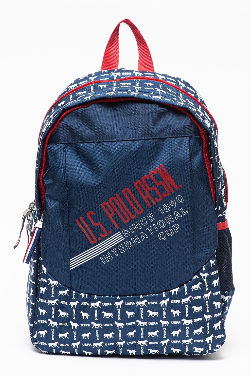 U.S. Polo Assn., Rucsac cu logo si buzunar exterior cu fermoar, Bleumarin/Alb/Rosu