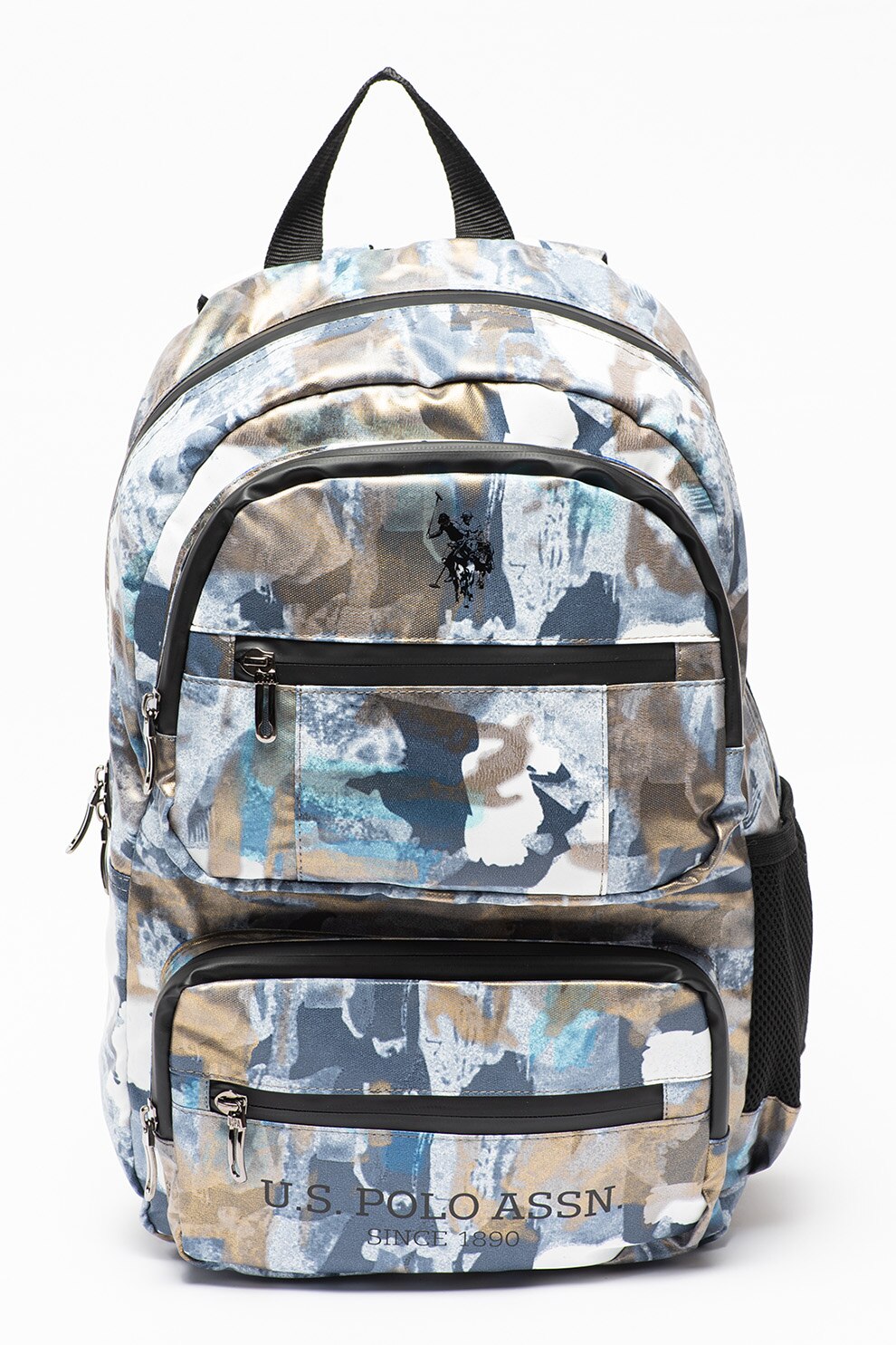 U.S. Polo Assn., Rucsac cu imprimeu si buzunare frontale, Albastru prafuit/Maro bronz/Gri