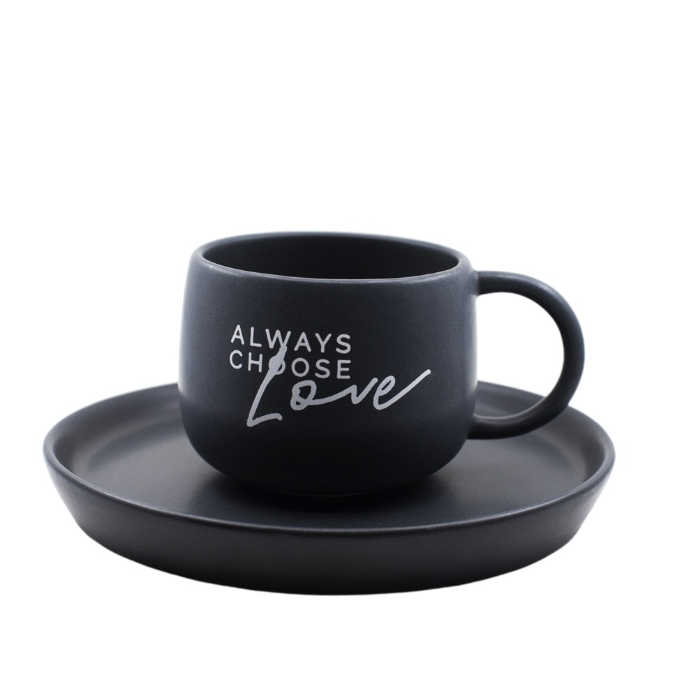 Set cana si farfurie, model Always choose love, din ceramica, neagra, 300 ml