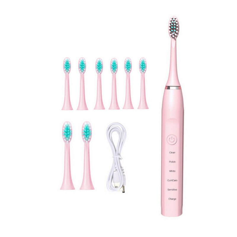 Periuta de dinti electrica, Sonic, USB, 5 moduri, 8 capete, Roz
