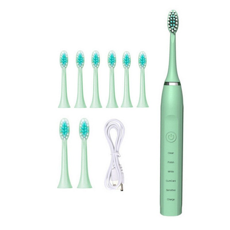 Periuta de dinti electrica, Sonic, USB, 5 moduri, 8 capete, Verde