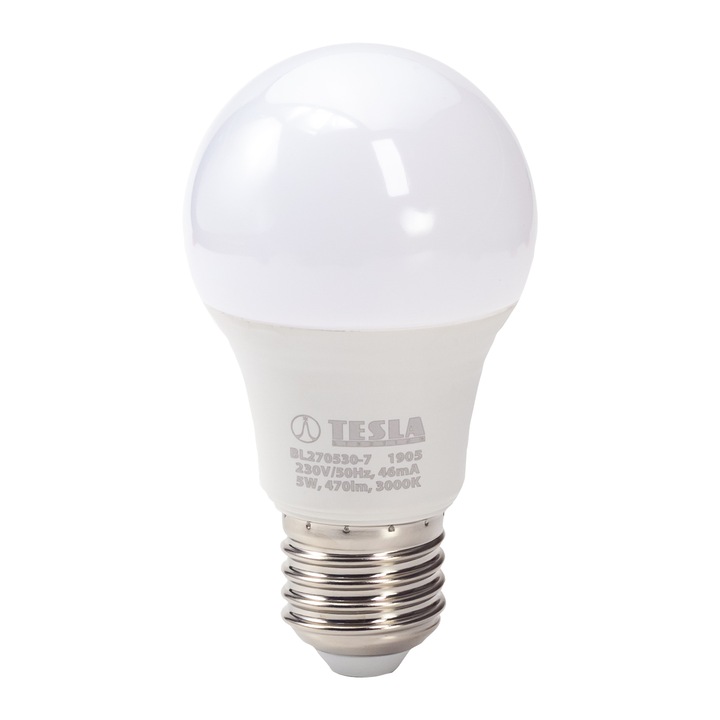LED крушка, TESLA Lighting, 5W, E27, 230V, 470lm, 25000h, топла светлина 3000K, 220º, еквивалент на класическа крушка 40W