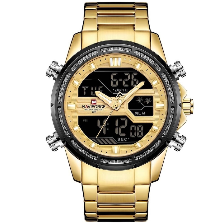 Мъжки часовник NaviForce Emeron, Хронограф, Двойно време, Неръждаема стомана, Златист / Черен