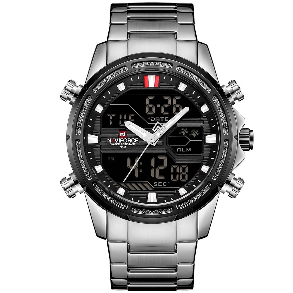 Ceas barbatesc NaviForce Emeron, Cronograf, Dublu timp, Otel inoxidabil, Argint / Negru