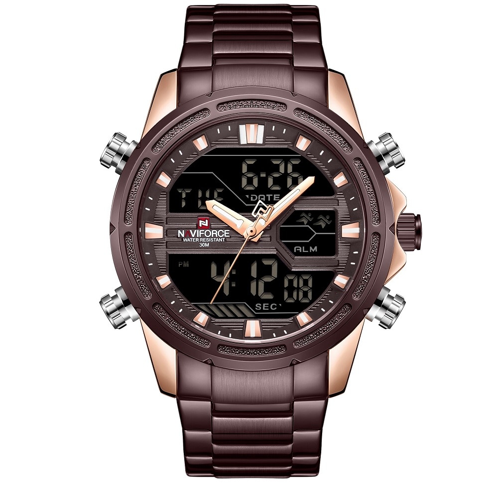 Ceas barbatesc NaviForce Emeron, Cronograf, Dublu timp, Otel inoxidabil, Maro / Aur Roz