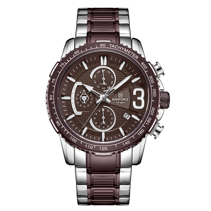 Ceas barbatesc NaviForce Athion, Cronograf, Dublu timp, Otel inoxidabil, Argint / Maro