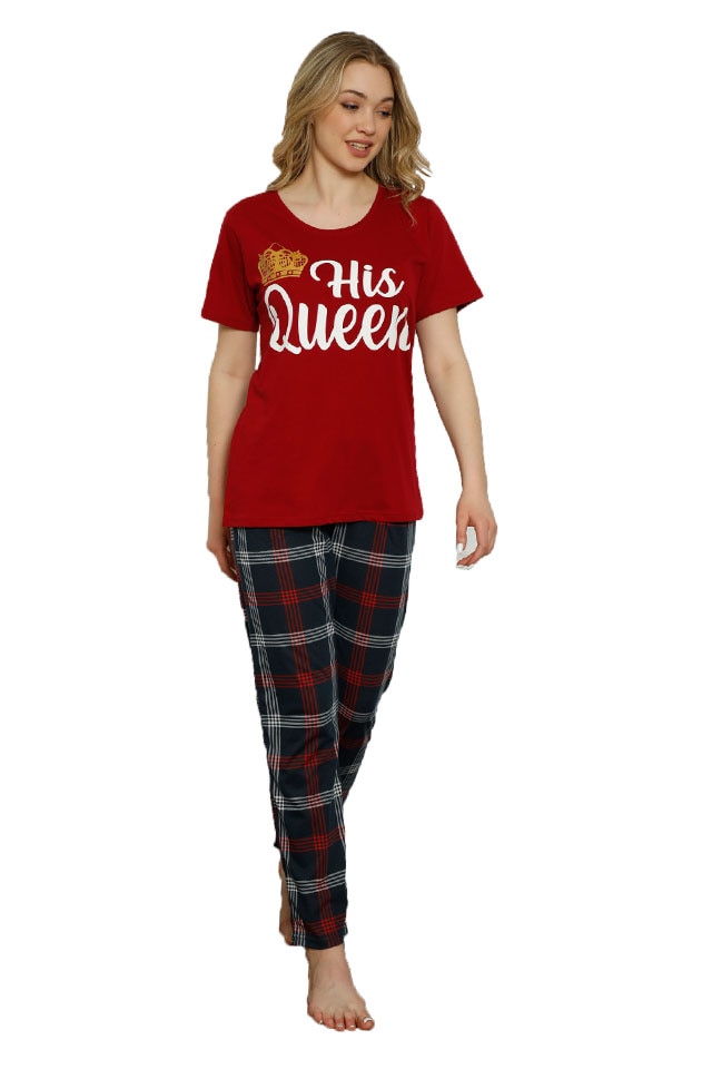 Pijamale dama Serena, maneca scurta, pantaloni lungi, rosu, imprimeu His Queen, Rosu