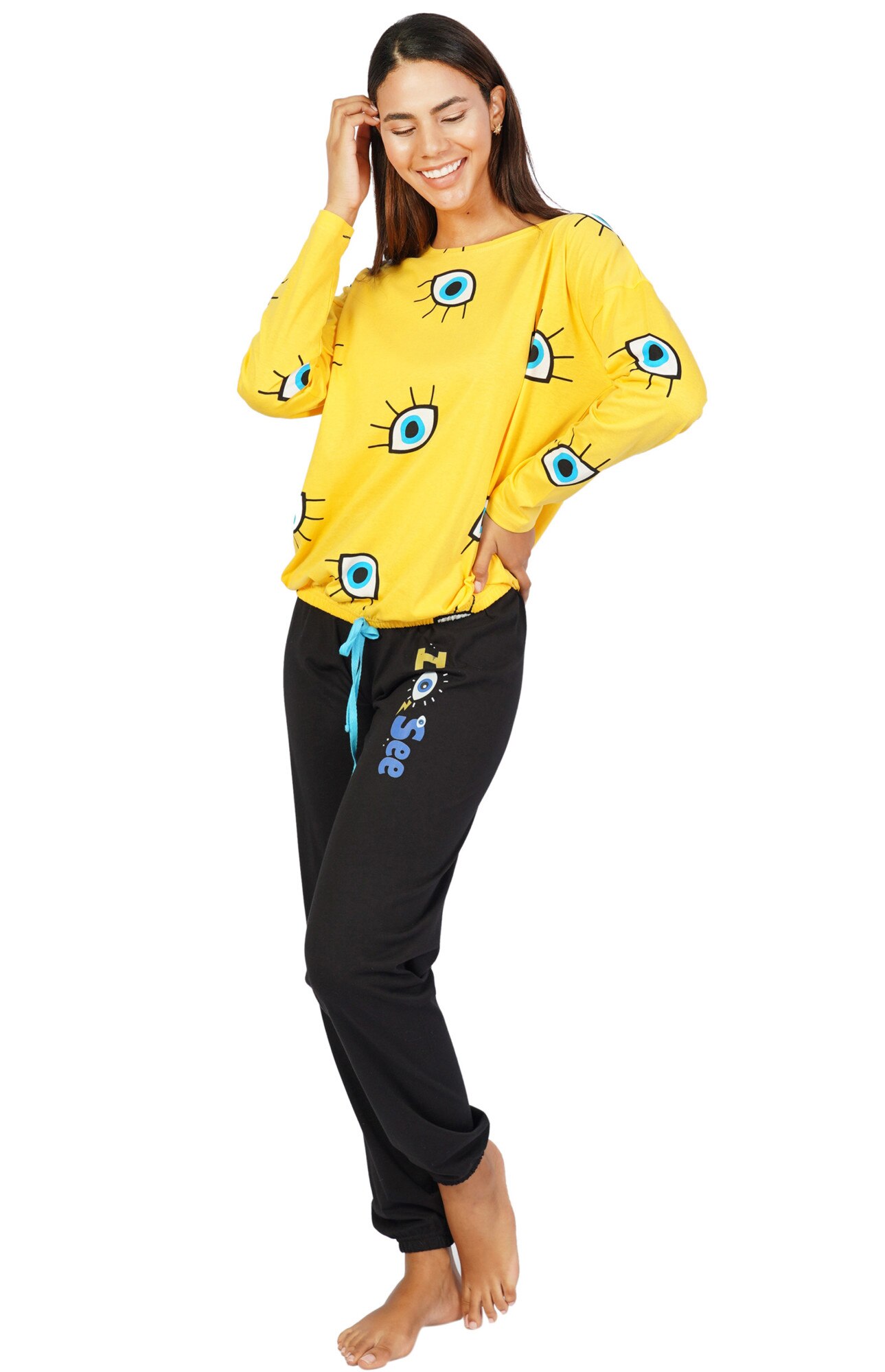 Pijama dama Vienetta, model Blue Eyes, galben/negru