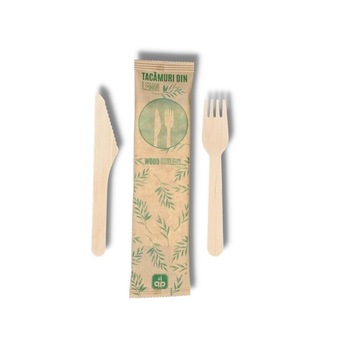 Set bis, furculita, cutit si servetel, tacamuri bio din lemn, 50 buc Set bis, furculita, cutit si servetel, tacamuri bio din lemn, 50 buc