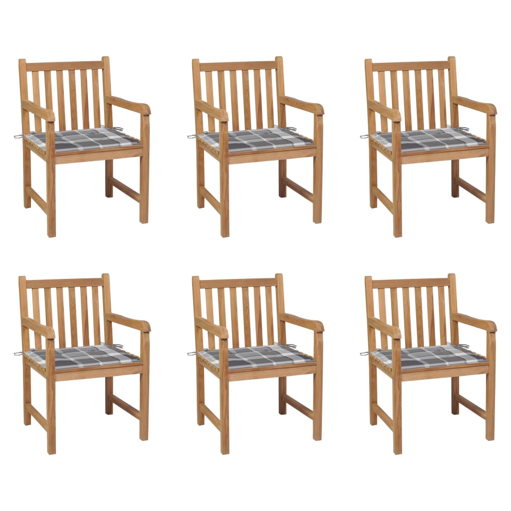 Set de 6 scaune de exterior din lemn masiv cu perne cu model carouri gri vidaXL, Lemn, 58 x 60 x 90 cm, Maro/Gri