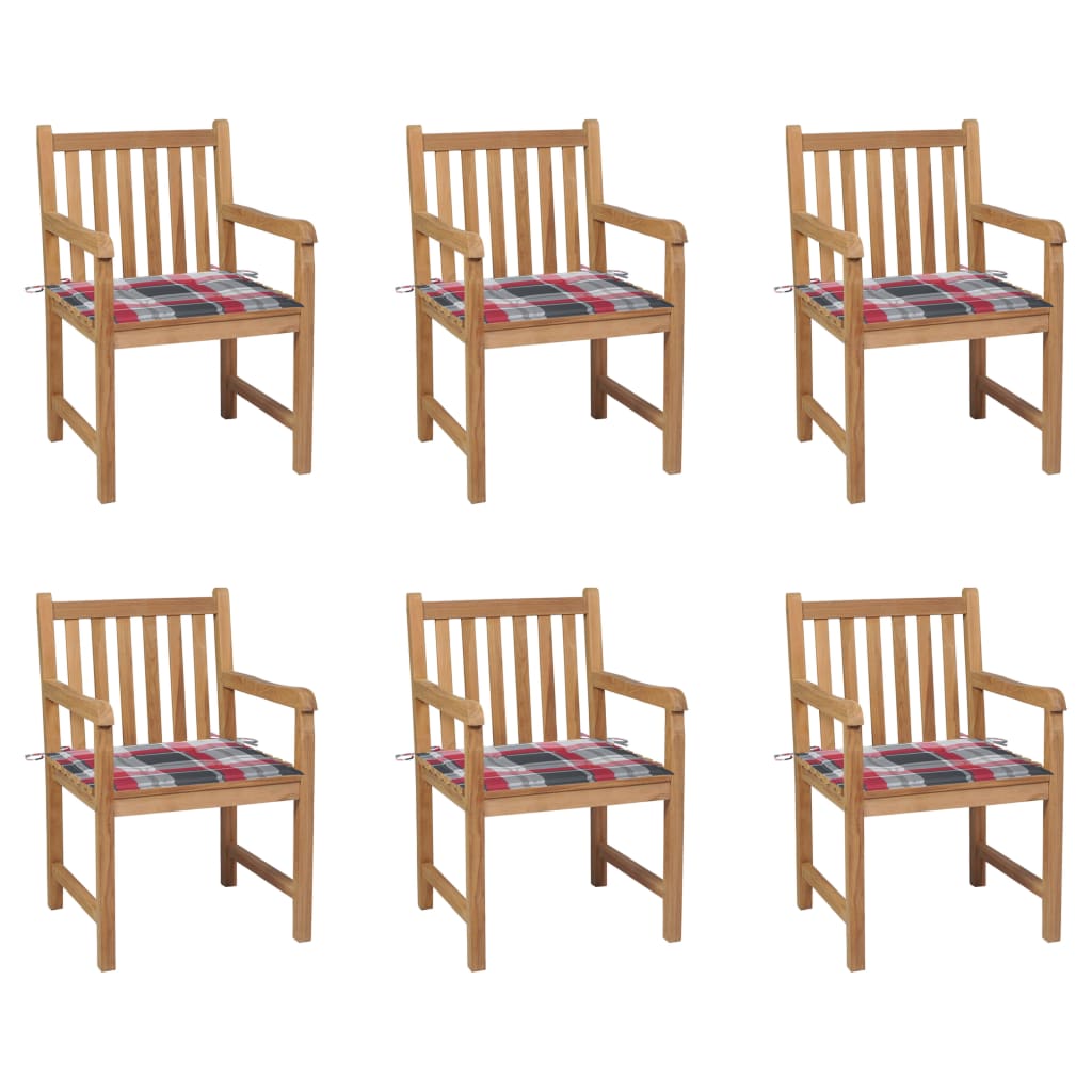 Set de 6 scaune de exterior din lemn masiv cu perne cu model carouri rosii vidaXL, Lemn, 58 x 60 x 90 cm, Maro/Rosu