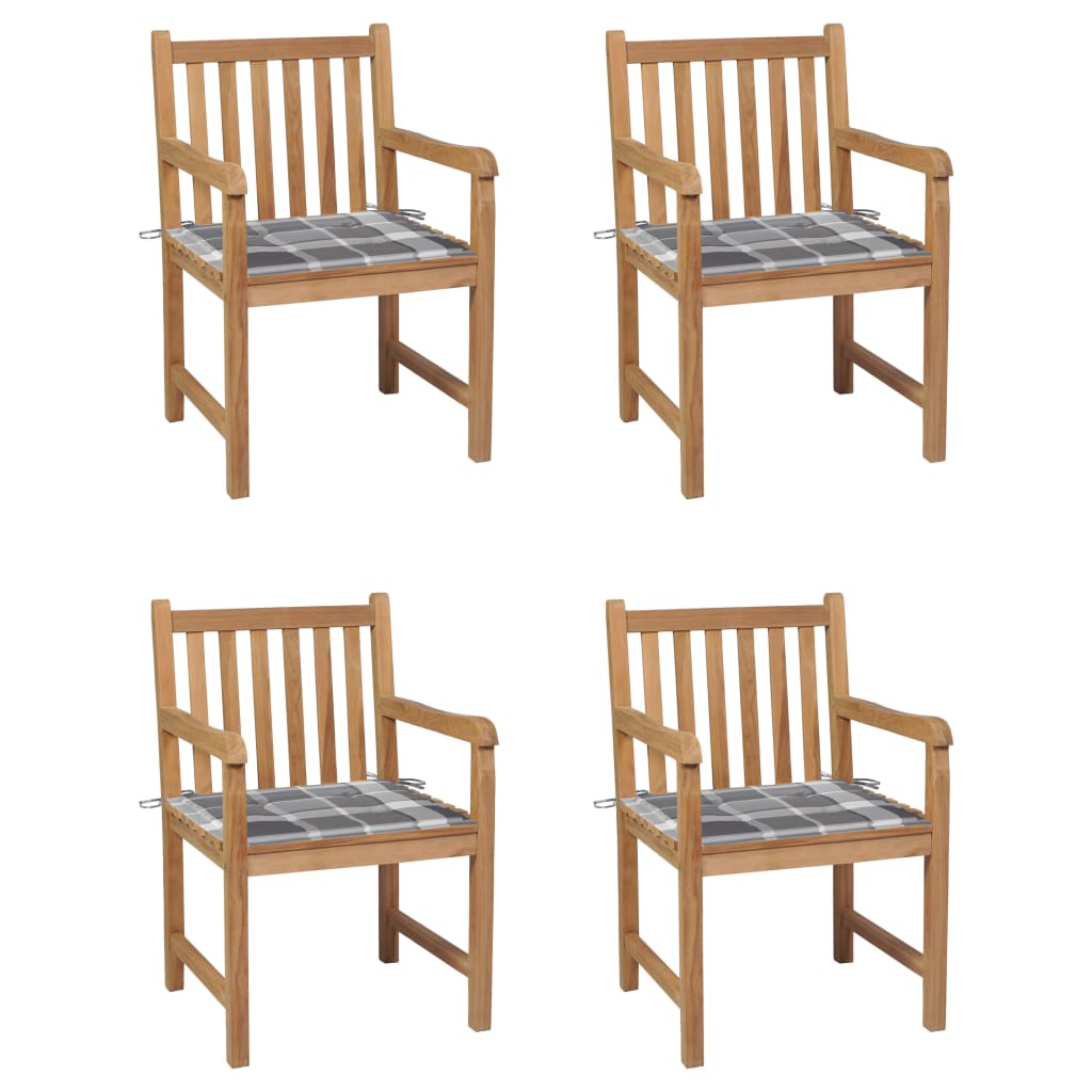 Set de 4 scaune de exterior din lemn masiv cu perne cu model carouri gri vidaXL, Lemn, 58 x 60 x 90 cm, Maro/Gri