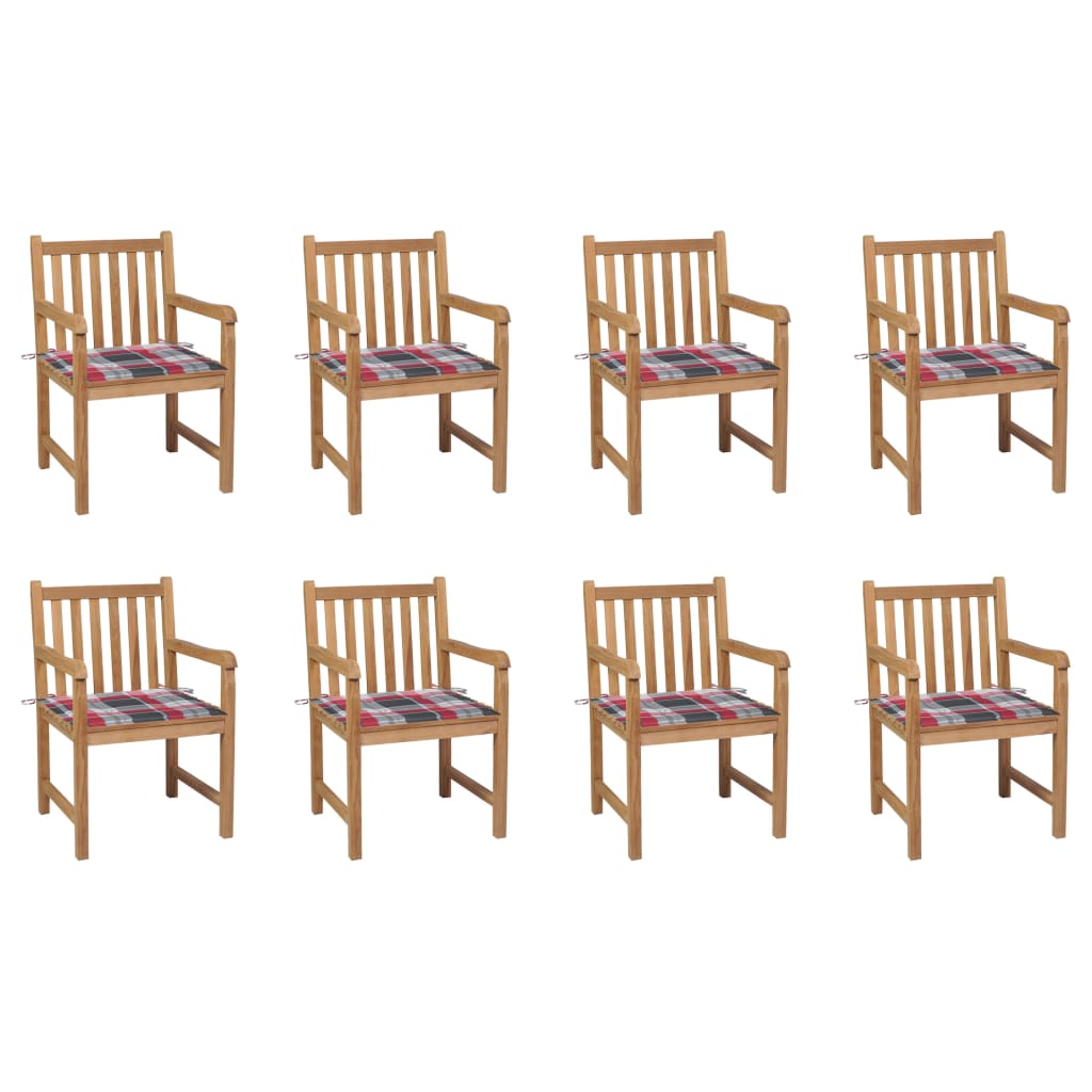 Set de 8 scaune de exterior din lemn masiv cu perne cu model carouri rosii vidaXL, Lemn, 58 x 60 x 90 cm, Maro/Rosu