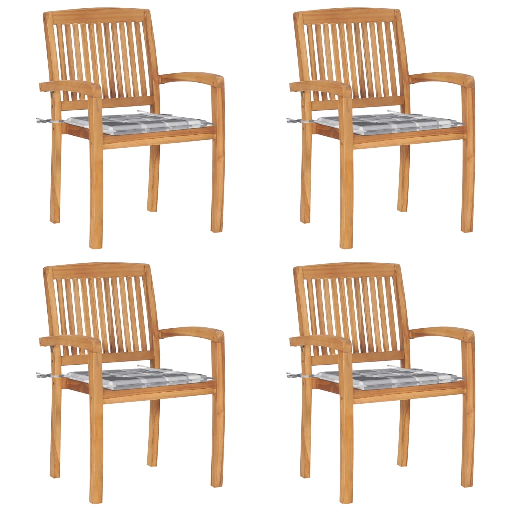 Set de 4 scaune stivuibile de gradina cu perne cu model carouri gri vidaXL, Lemn, 60 x 57.5 x 90 cm, Maro/Gri