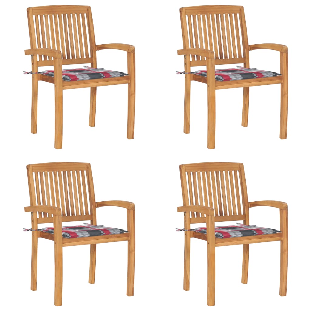 Set de 4 scaune stivuibile de gradina cu perne cu model carouri rosii vidaXL, Lemn, 60 x 57.5 x 90 cm, Maro/Rosu
