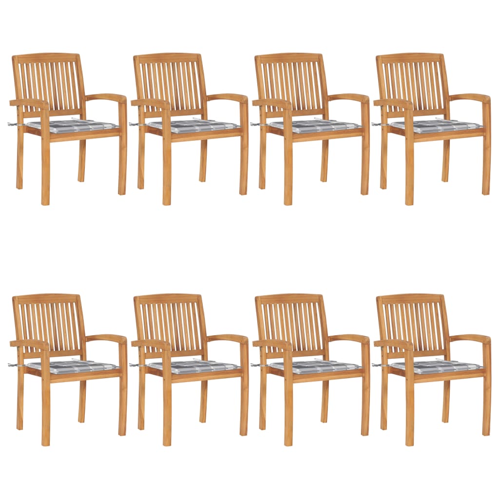 Set de 8 scaune stivuibile de gradina cu perne cu model carouri gri vidaXL, Lemn, 60 x 57.5 x 90 cm, Maro/Gri