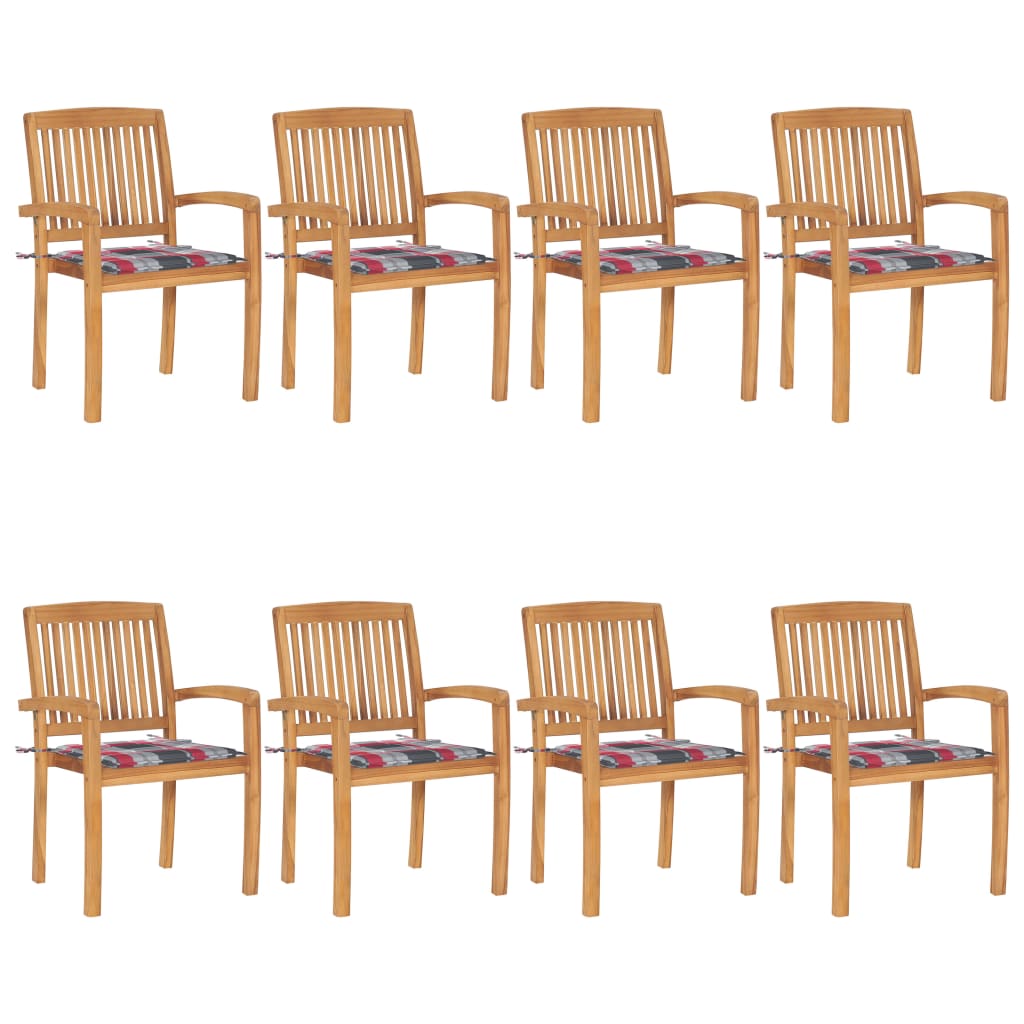 Set de 8 scaune stivuibile de gradina cu perne cu model carouri rosii vidaXL, Lemn, 60 x 57.5 x 90 cm, Maro/Rosu