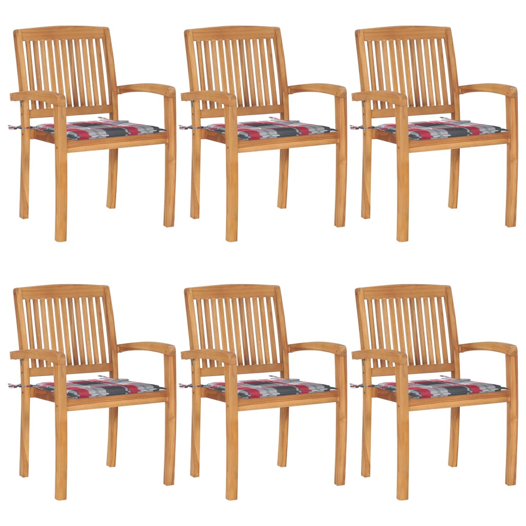 Set de 6 scaune stivuibile de gradina cu perne cu model carouri rosii vidaXL, Lemn, 60 x 57.5 x 90 cm, Maro/Rosu