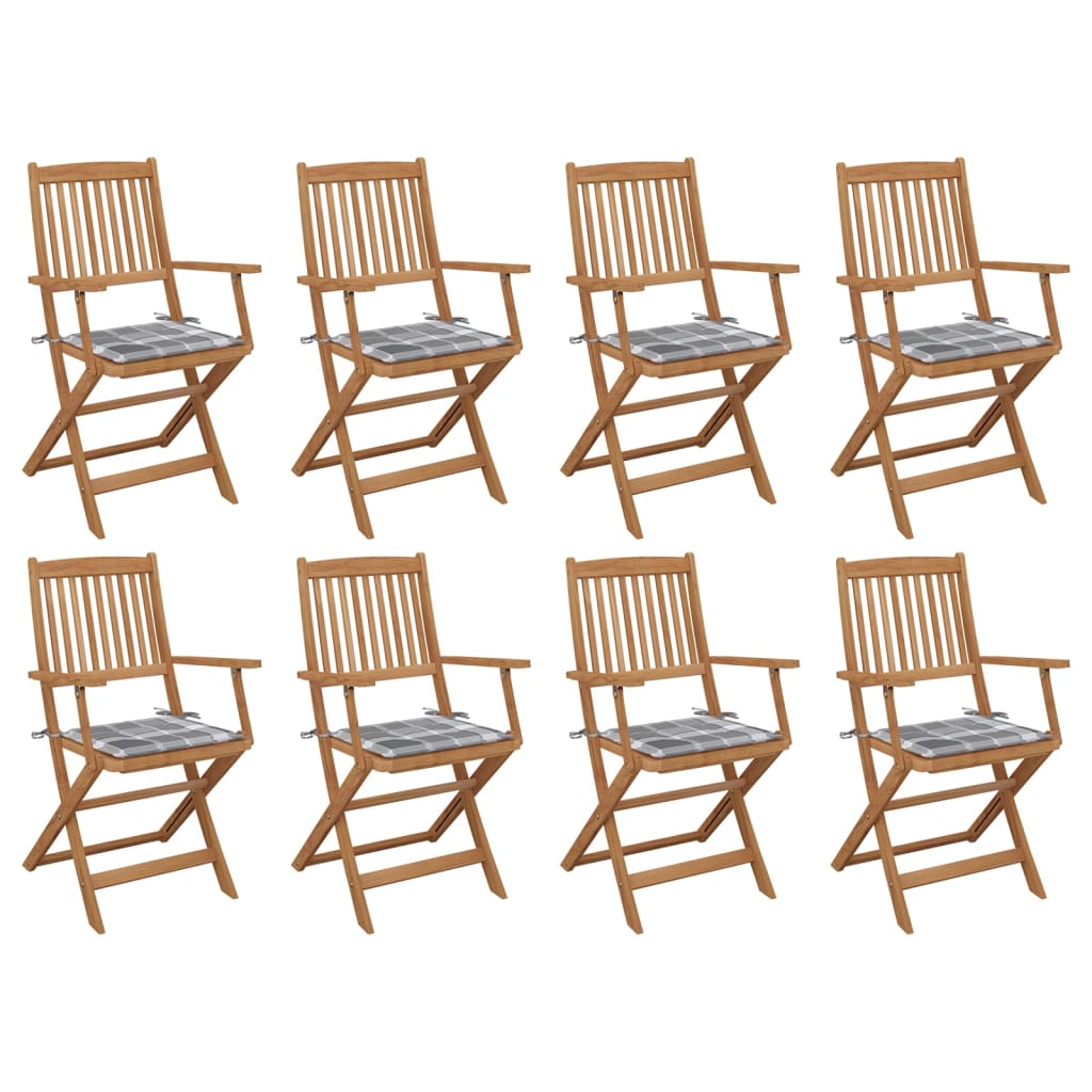 Set de 8 scaune pliabile de exterior din lemn masiv cu perne cu model carouri gri vidaXL, Lemn, 54 x 57 x 91 cm, Maro/Gri
