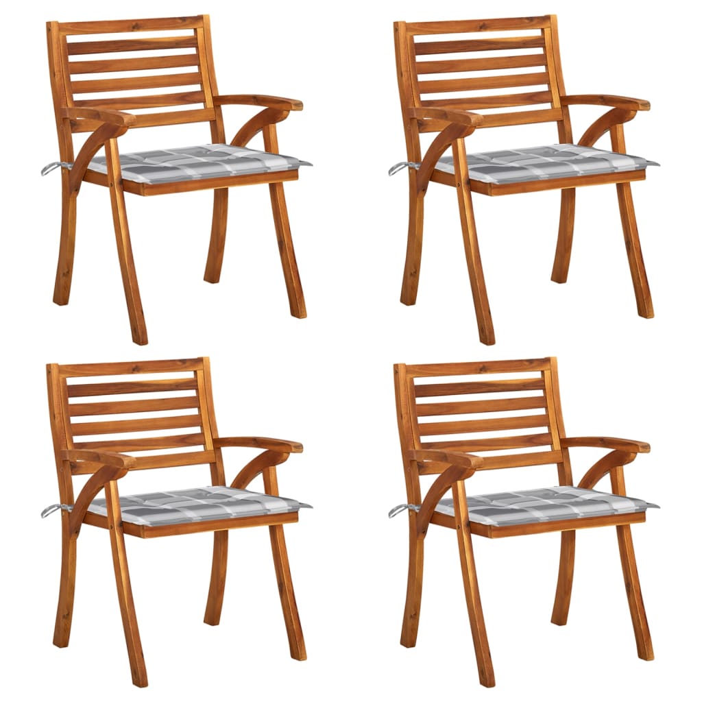 Set de 4 scaune de gradina cu perne cu model carouri gri vidaXL, Lemn, 59 x 59 x 87 cm, Maro/Gri