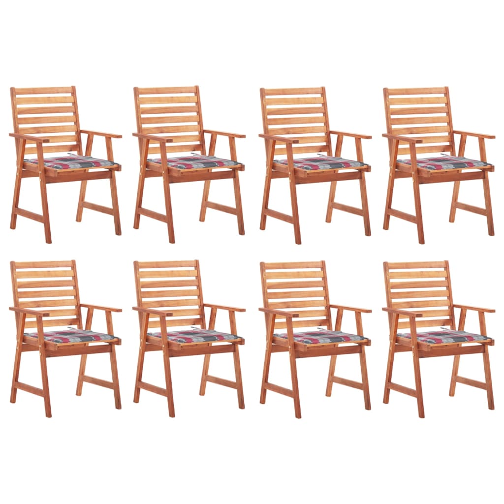 Set de 8 scaune de exterior cu perne cu model carouri rosii vidaXL, Lemn de acacia, 56 x 62 x 92 cm, Maro/Rosu