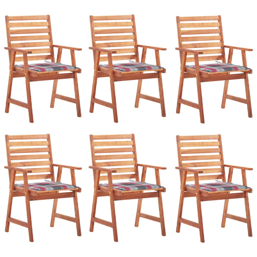 Set de 6 scaune de exterior cu perne cu model carouri rosii vidaXL, Lemn de acacia, 56 x 62 x 92 cm, Maro/Rosu