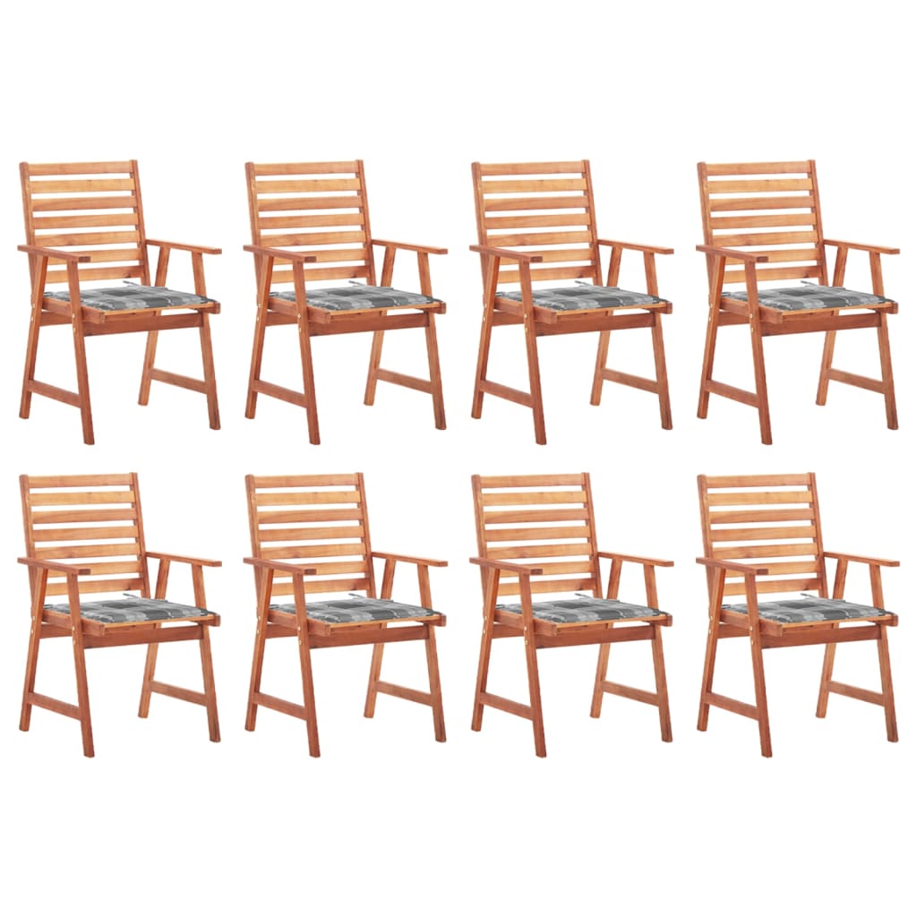 Set de 8 scaune de exterior cu perne cu model carouri gri vidaXL, Lemn de acacia, 56 x 62 x 92 cm, Maro/Gri