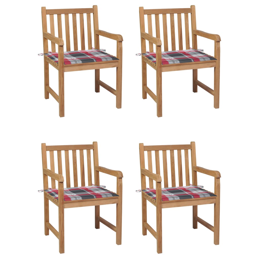 Set de 4 scaune de exterior din lemn masiv cu perne cu model carouri rosii vidaXL, Lemn, 58 x 60 x 90 cm, Maro/Rosu
