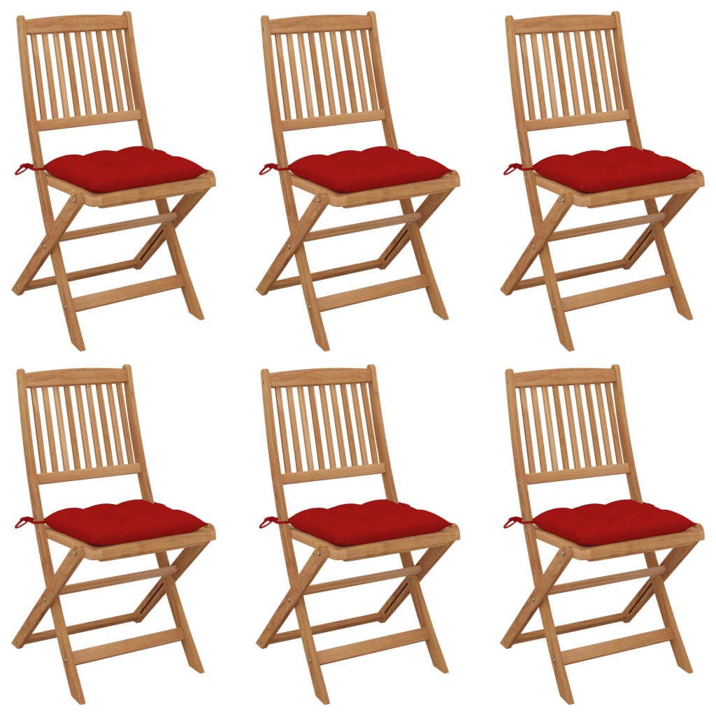 Set de 6 scaune pliabile de gradina cu peerne vidaXL, Lemn, 48.5 x 57 x 91 cm, Maro/Rosu