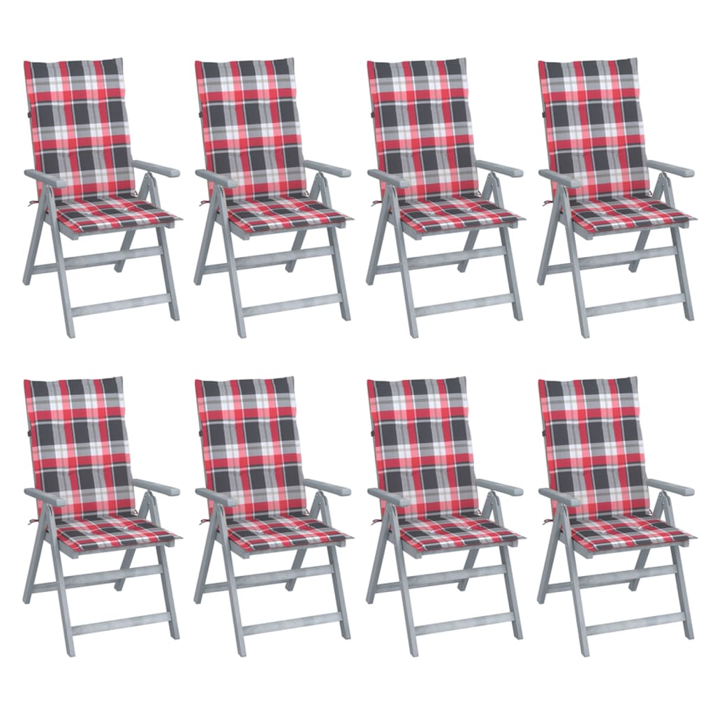 Set de 8 scaune rabatabile de gradina cu perne cu model carouri rosii vidaXL, Lemn, 56 x 70 x 110 cm,Gri/Rosu