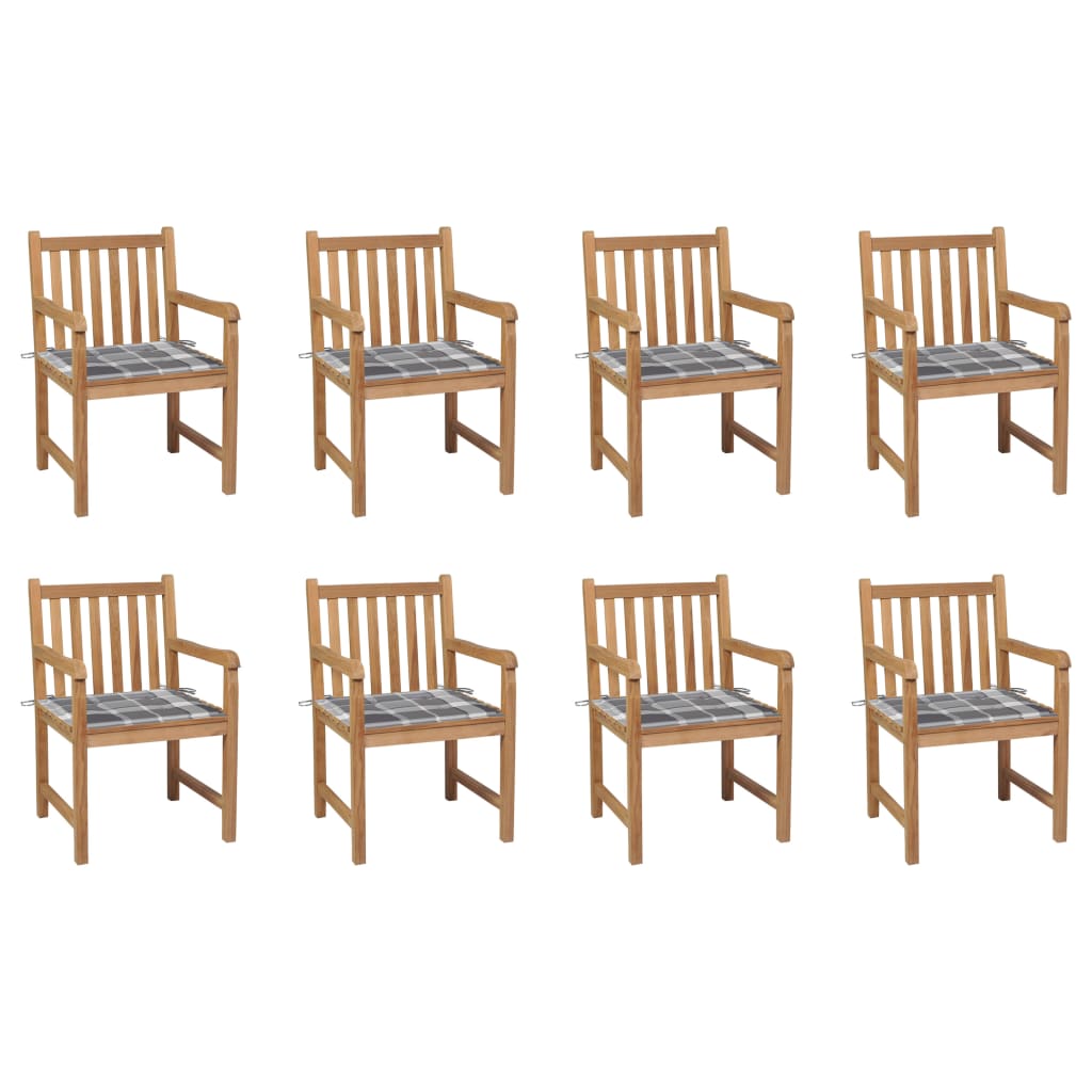 Set de 8 scaune de exterior din lemn masiv cu perne cu model carouri gri vidaXL, Lemn, 58 x 60 x 90 cm, Maro/Gri