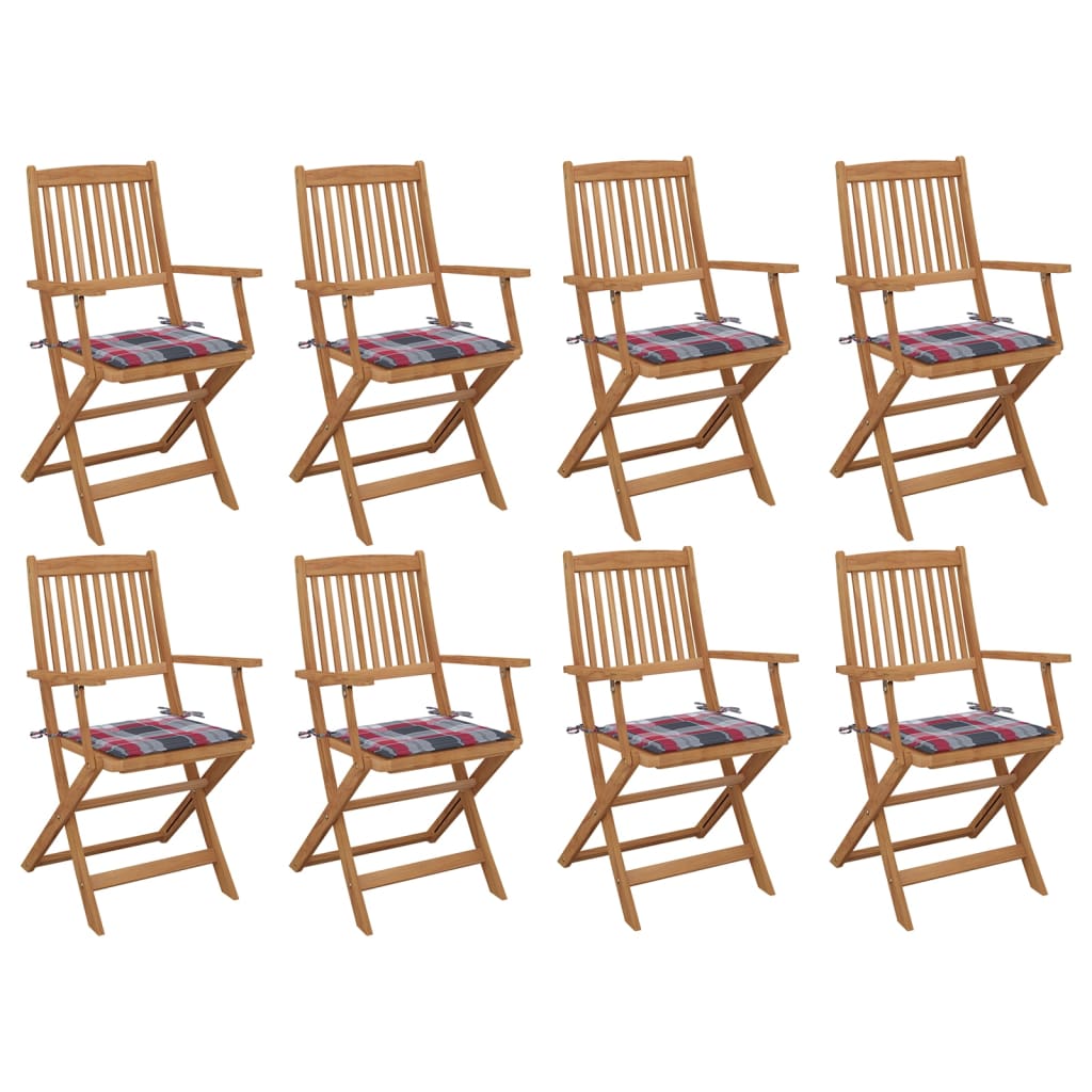 Set de 8 scaune pliabile de exterior din lemn masiv cu perne cu model carouri rosii vidaXL, Lemn, 54 x 57 x 91 cm, Maro/Rosu