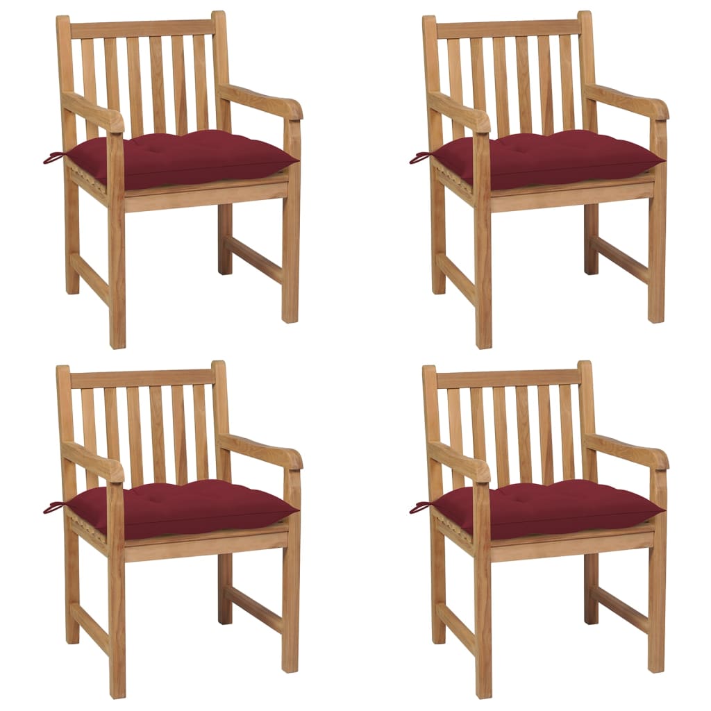 Set de 4 scaune de exterior din lemn masiv cu perne vidaXL, Lemn, 58 x 60 x 90 cm, Maro/Rosu vin