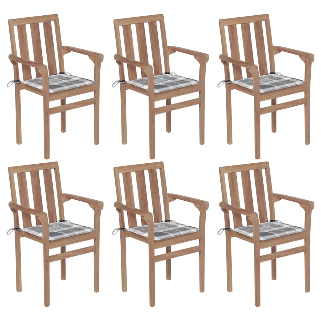 Set de 6 scaune stivuibile de exterior cu perne subtiri cu carouri gri vidaXL, Lemn, 58 x 50 x 89 cm, Maro/Gri