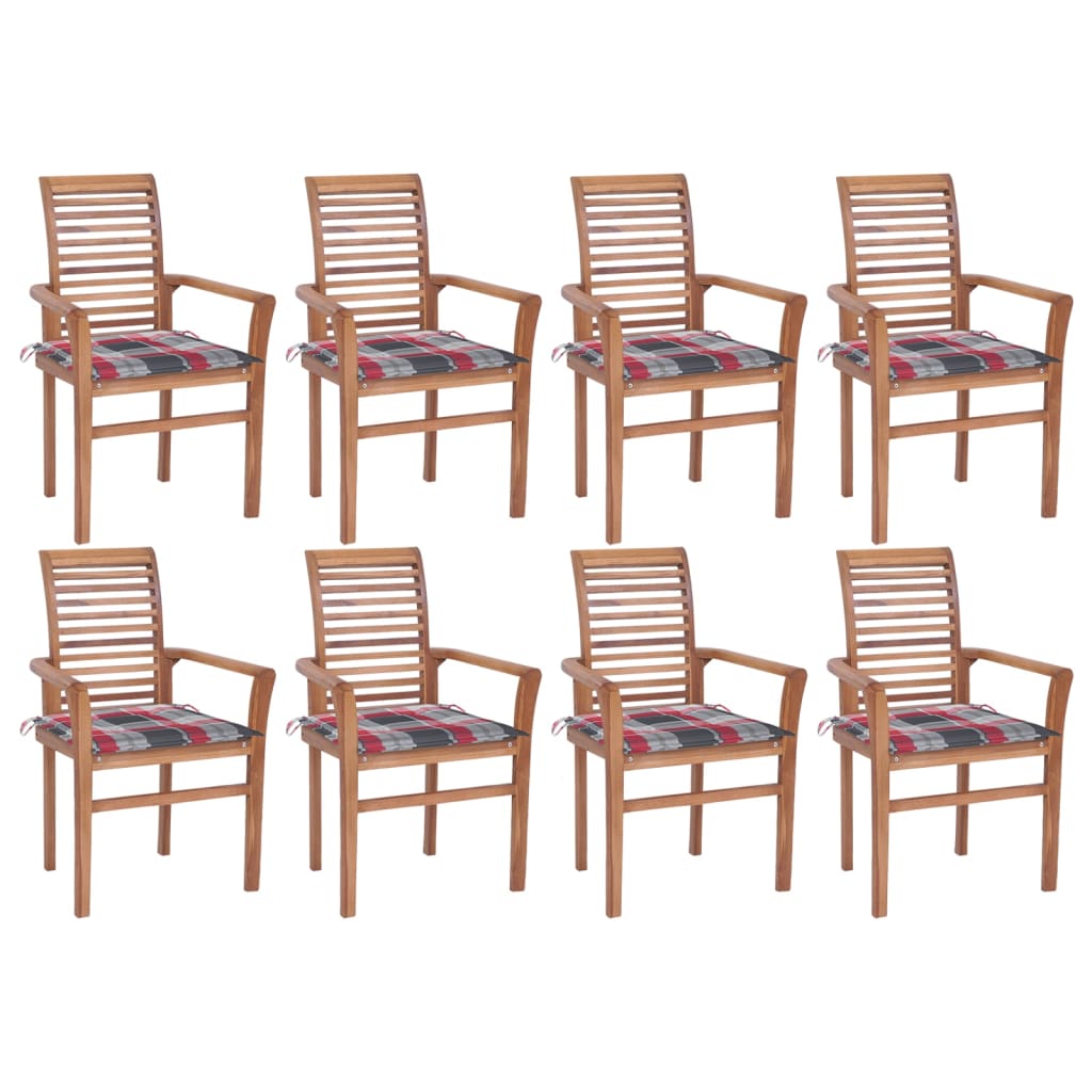 Set de 8 scaune stivuibile de bucatarie cu perne cu model carouri rosii vidaXL, Lemn, 62 x 56.5 x 94 cm, Maro/Rosu