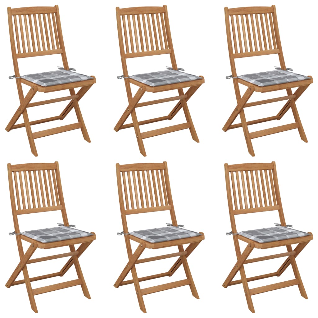 Set de 6 scaune pliabile de gradina cu perne cu model carouri gri vidaXL, Lemn, 48.5 x 57 x 91 cm, Maro/Gri