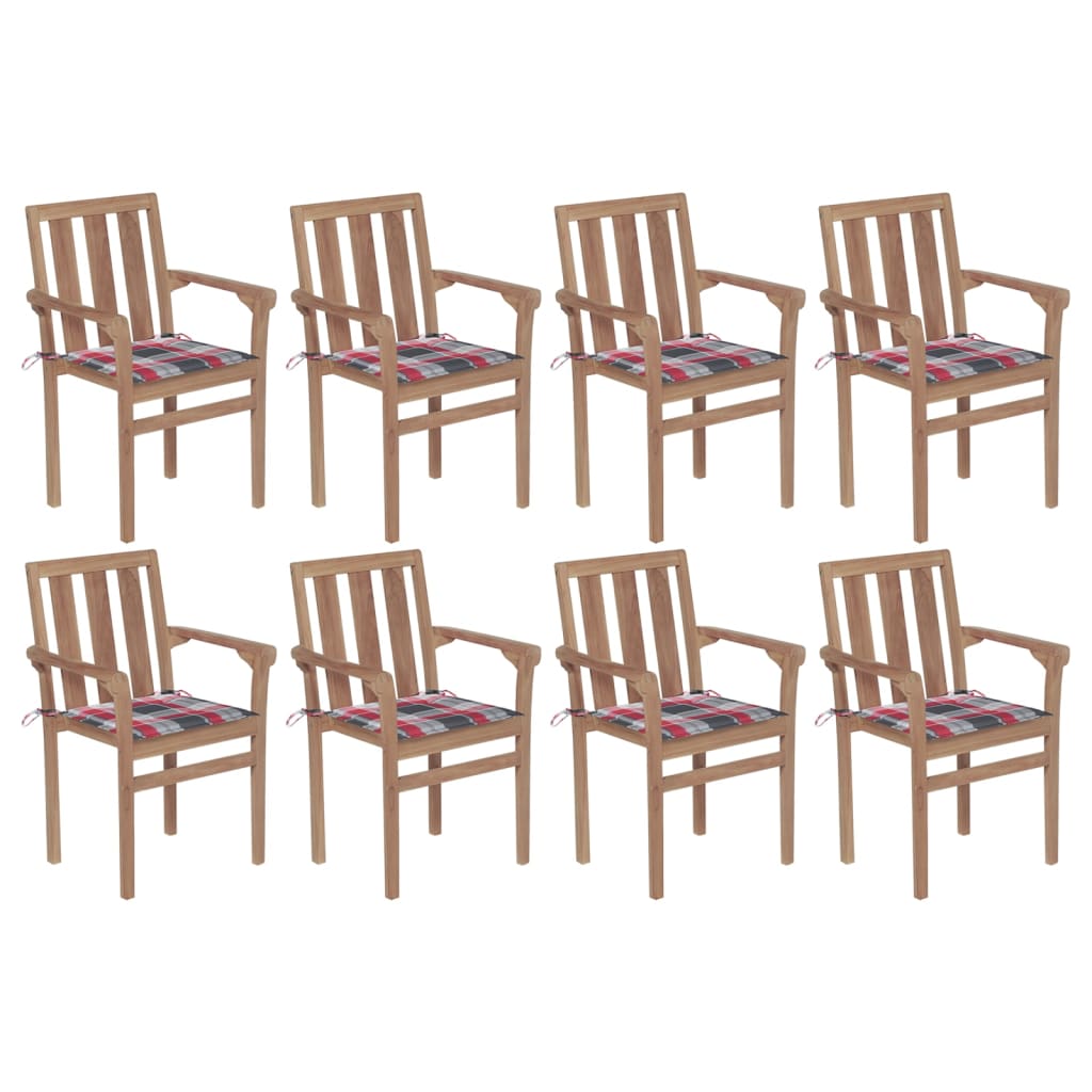 Set de 8 scaune stivuibile de exterior cu perne subtiri cu model carouri rosii vidaXL, Lemn, 58 x 50 x 89 cm, Maro/Rosu