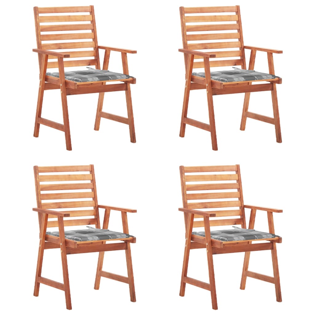 Set de 4 scaune de exterior cu perne cu model carouri gri vidaXL, Lemn de acacia, 56 x 62 x 92 cm, Maro/Gri