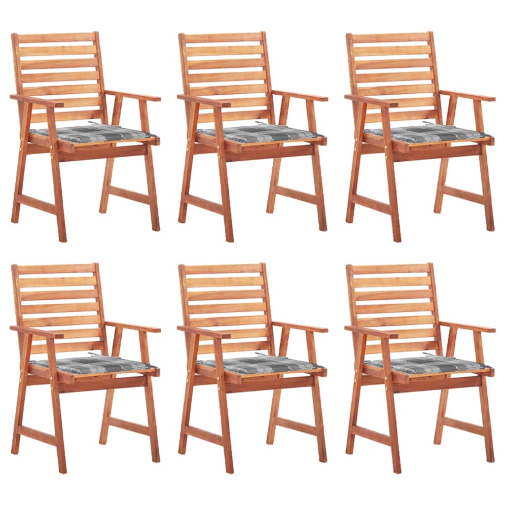 Set de 6 scaune de exterior cu perne cu model carouri gri vidaXL, Lemn de acacia, 56 x 62 x 92 cm, Maro/Gri