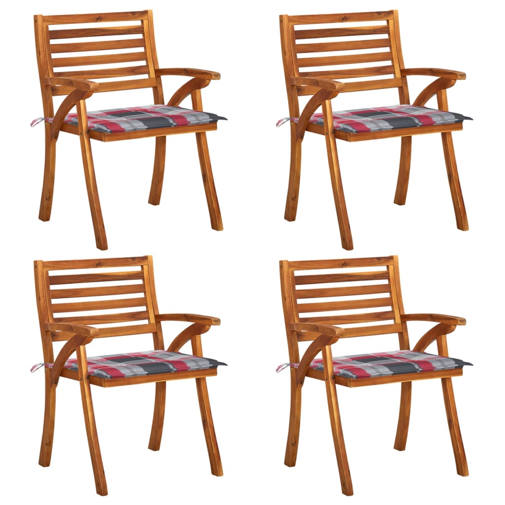 Set de 4 scaune de gradina cu perne cu model carouri rosii vidaXL, Lemn, 59 x 59 x 87 cm, Maro/Rosu