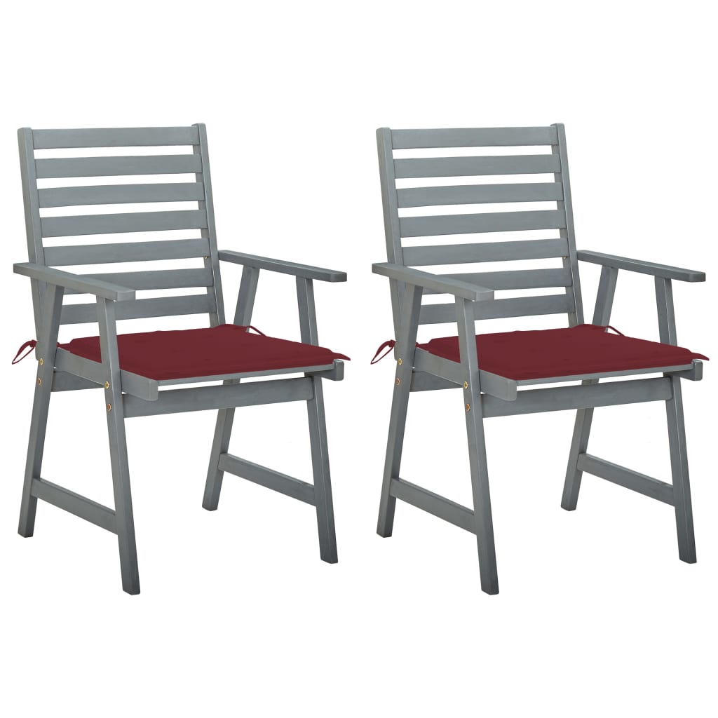 Set de 2 scaune de exterior cu perne, vidaXL, Lemn de acacia-Poliester, 56 x 62 x 92 cm, 4 cm, Gri/Perne rosu bordo