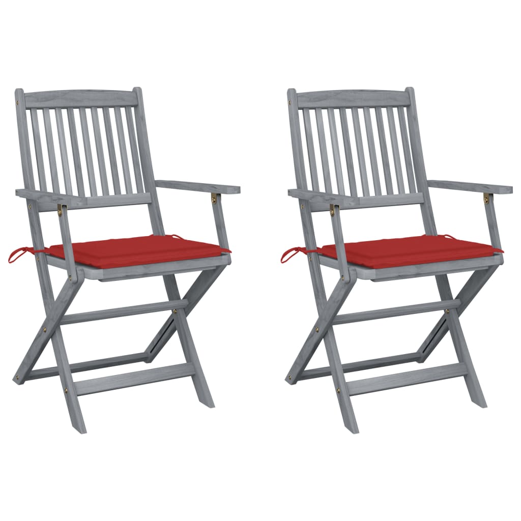 Set de 2 scaune pliabile de exterior cu perne, vidaXL, Lemn de acacia-Poliester, 54 x 57 x 91 cm, 4 cm, Gri/Perne rosu