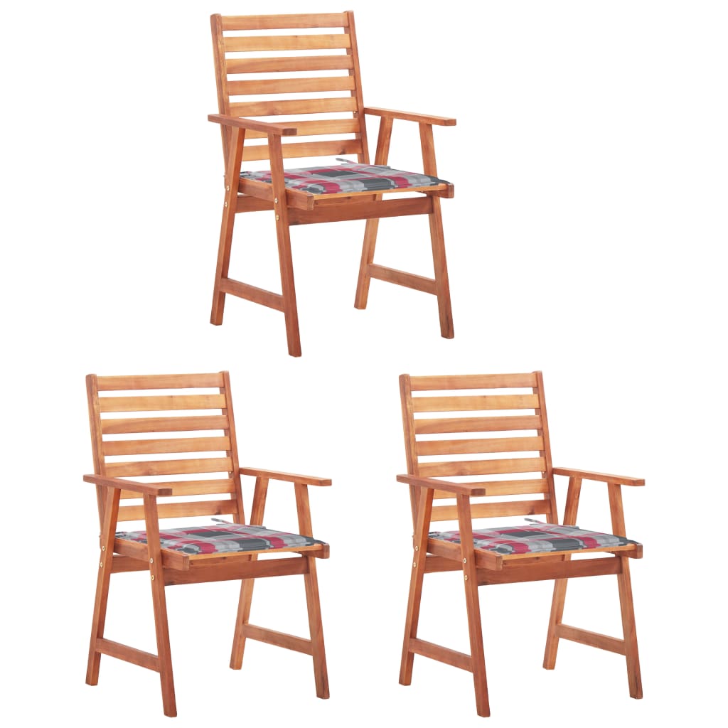 Set de 3 scaune de exterior cu perne, vidaXL, Lemn de acacia-Poliester, 56 x 62 x 92 cm, 4 cm, Maro/Perne model carouri gri rosu