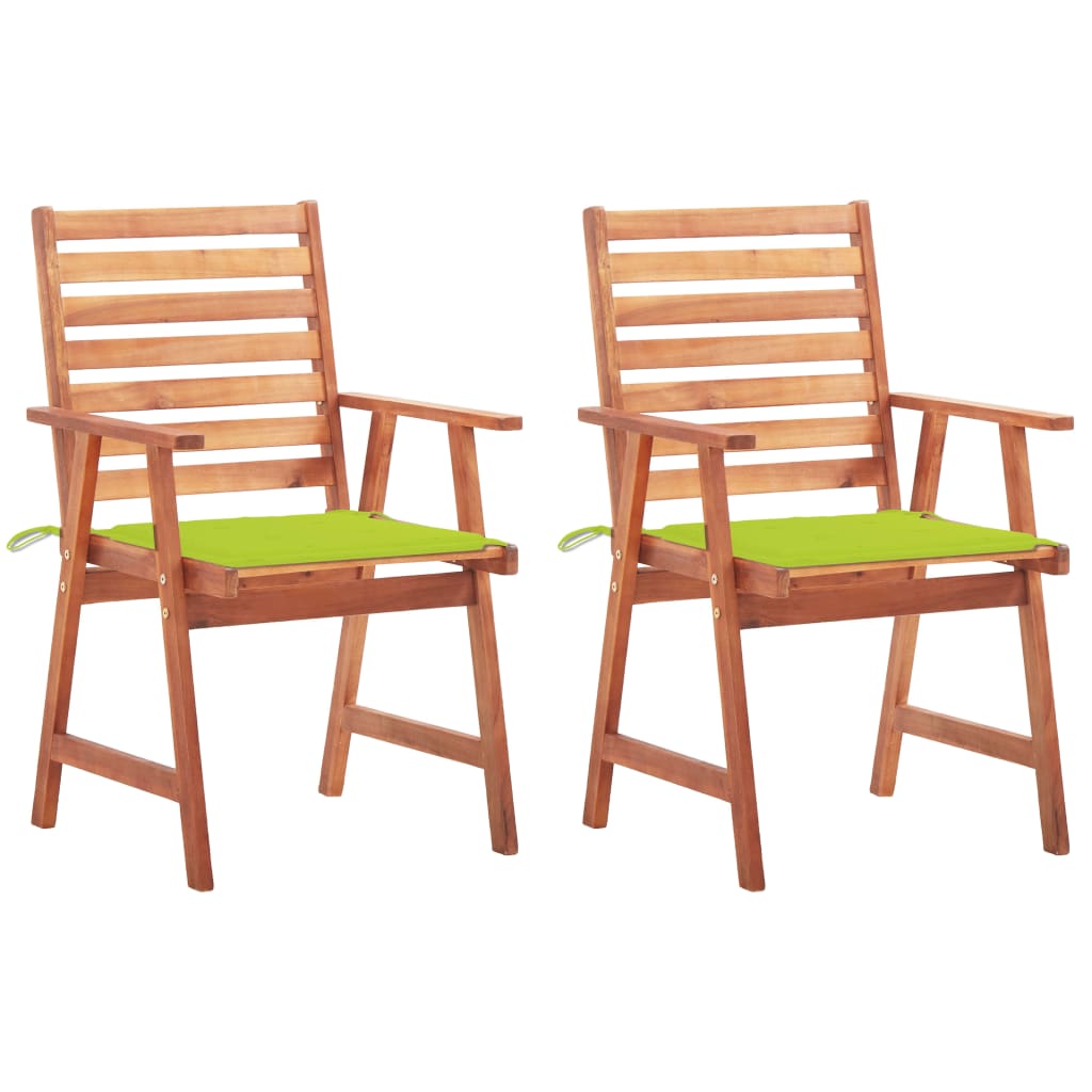 Set de 2 scaune de exterior cu perne, vidaXL, Lemn de acacia-Poliester, 56 x 62 x 92 cm, 4 cm, Maro/Verde aprins