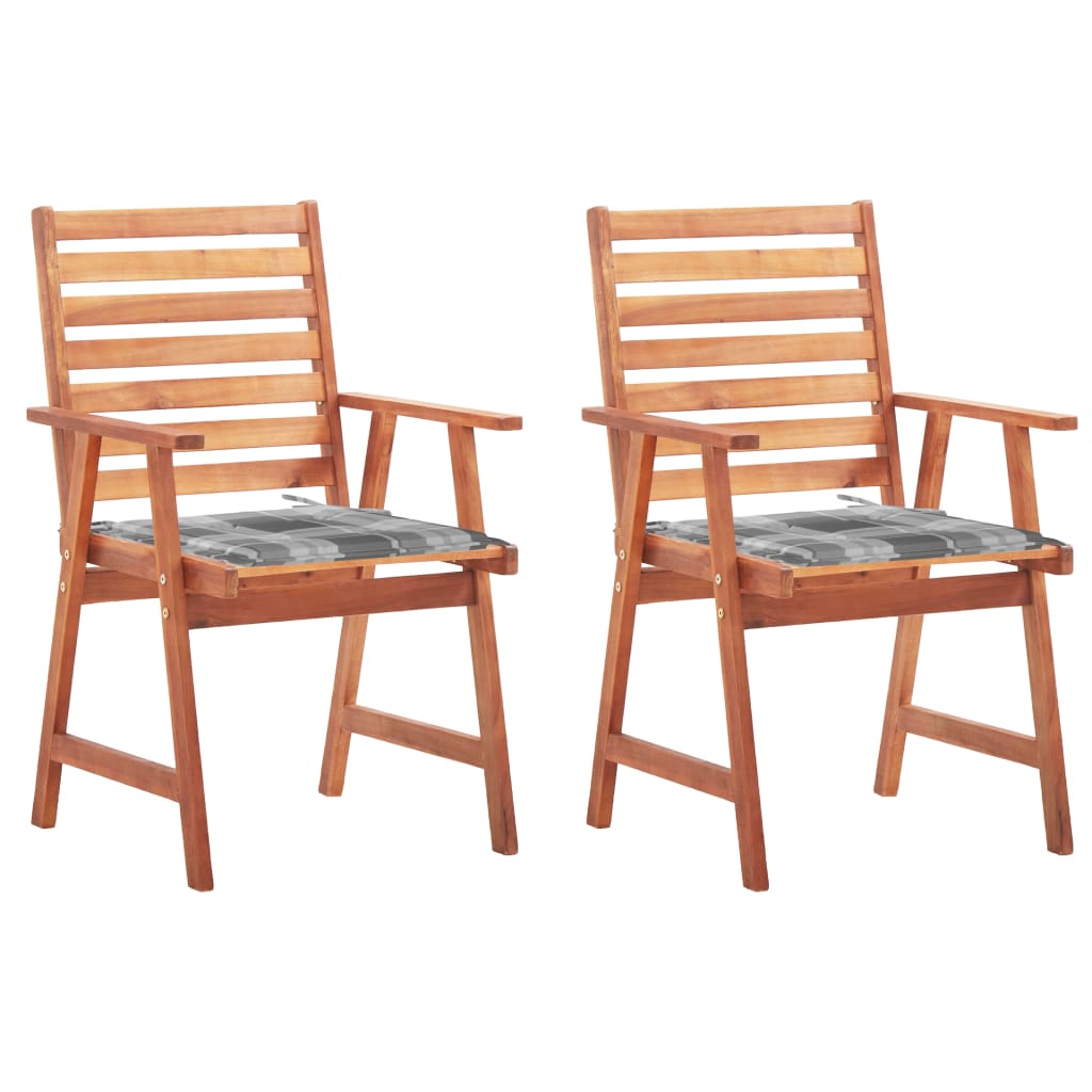 Set de 2 scaune de exterior cu perne, vidaXL, Lemn de acacia-Poliester, 56 x 62 x 92 cm, 4 cm, Maro/Perne model carouri gri