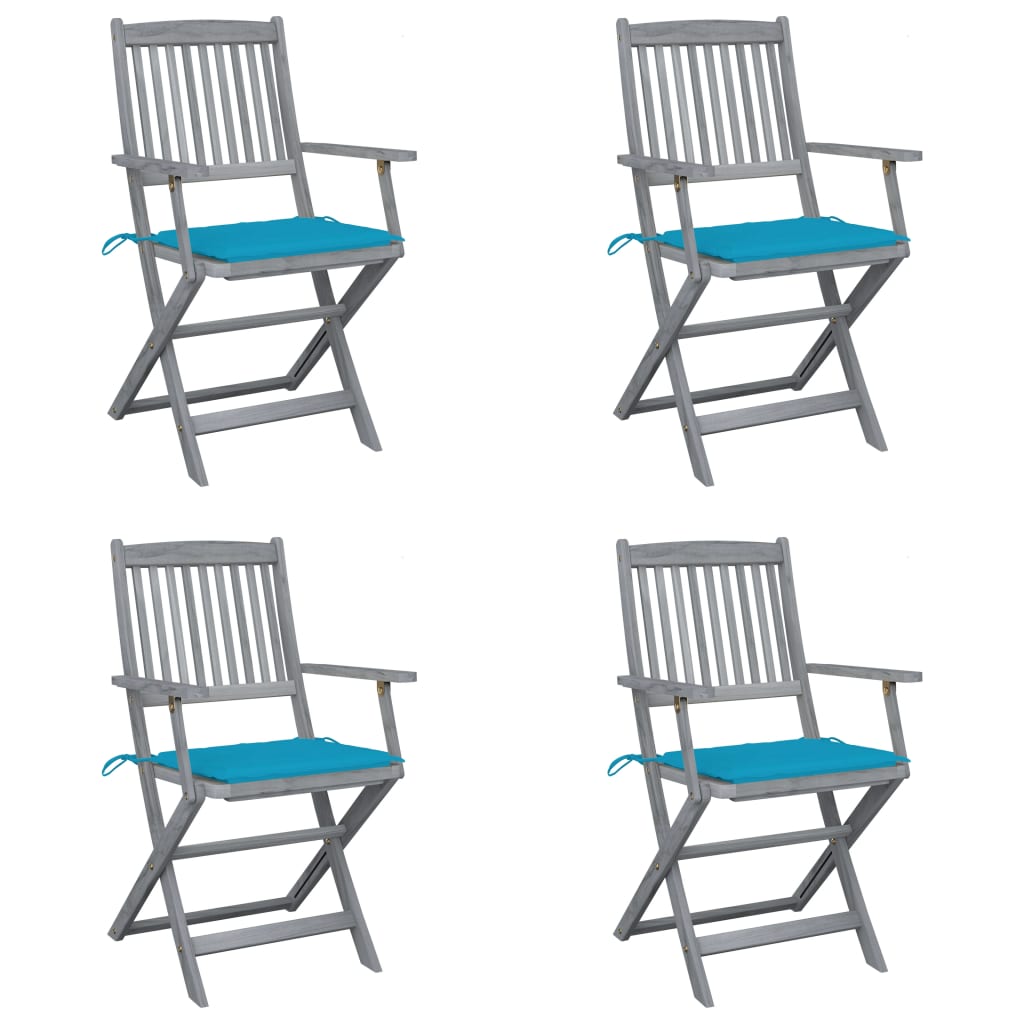Set de 4 scaune pliabile de exterior cu perne, vidaXL, Lemn de acacia-Poliester, 54 x 57 x 91 cm, 4 cm, Gri/Perne albastru